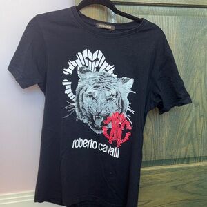 Roberto Cavalli Black Tee with Tiger and Red Accents